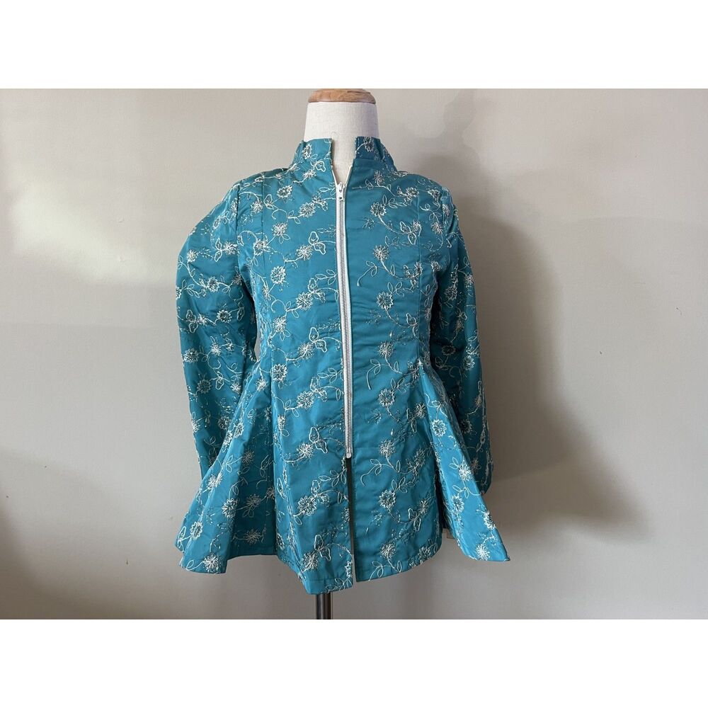 1950s Vintage Handmade Aqua Blue & Silver Brocade Elsa Costume Girls Jacket Coat